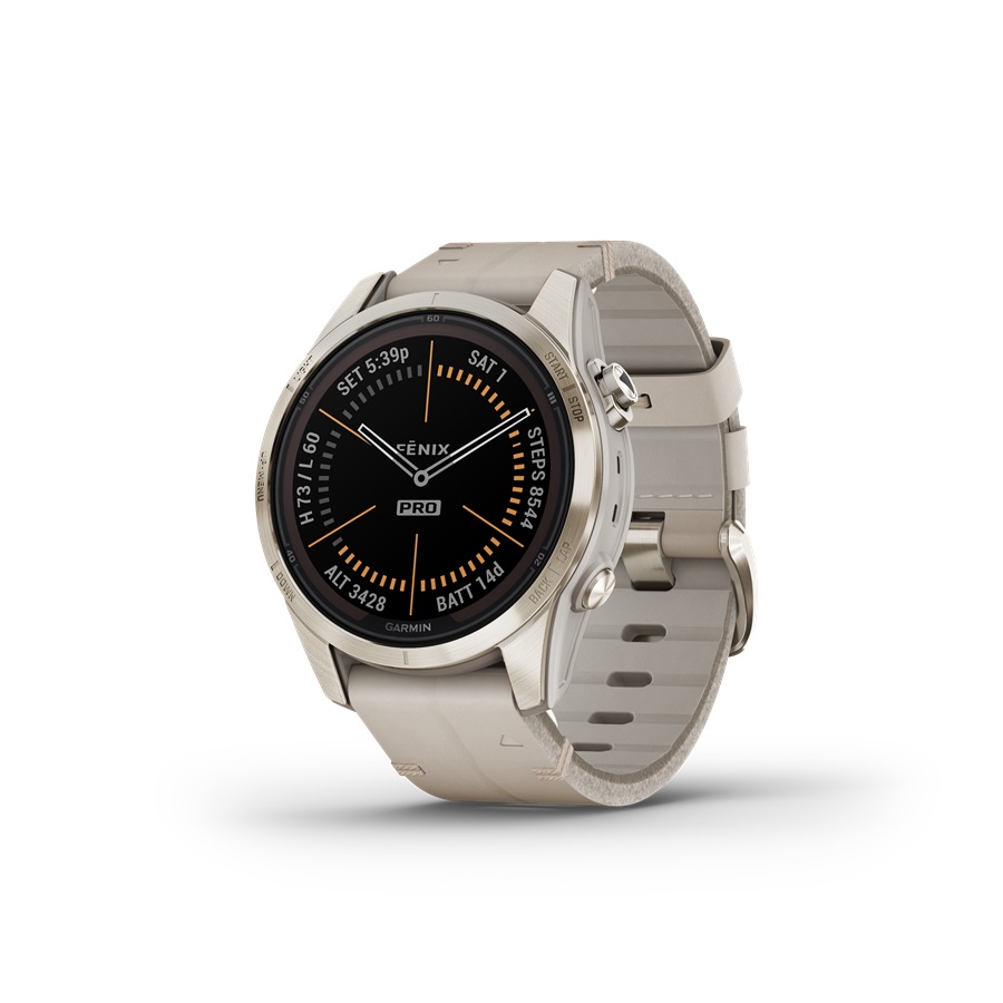 Garmin fenix 7S Pro solar, krémarany, mészkő színű bőr szíjjal